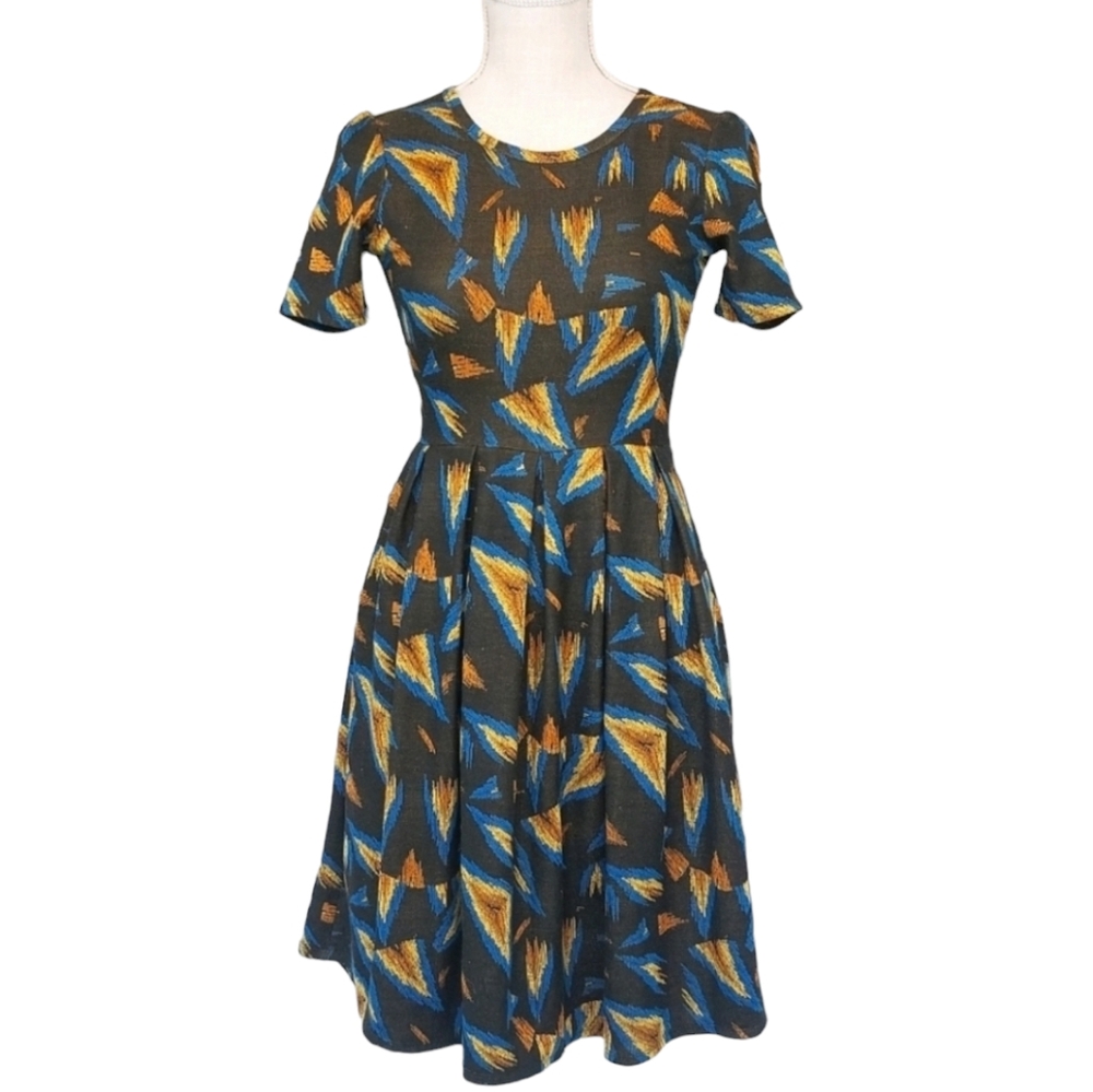LuLaRoe XS Fit & Flare Brown Blue Yellow Dress with Pockets